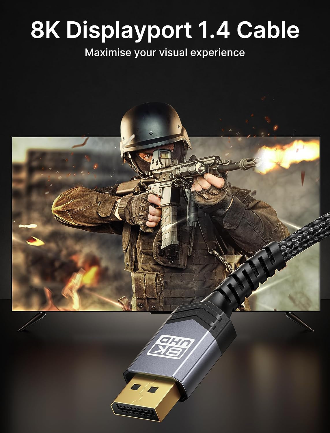 Displayport Cable 1.4 10Ft, 8K DP Cable | 8K@60Hz, 4K@144Hz, 2K@240Hz 2K@165Hz | HBR3, 32.4Gbps, HDR10, Freesync, G-Sync for Gaming Monitor Graphics Card TV PC Laptop -Grey