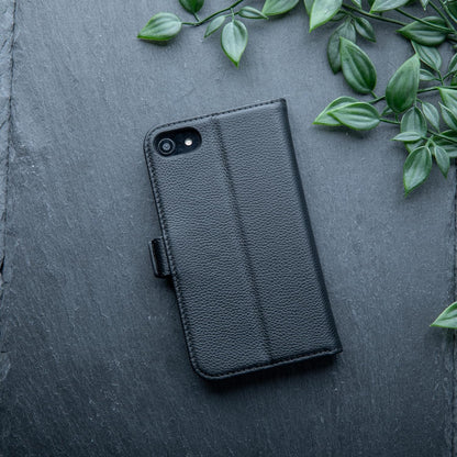 Genuine Leather Wallet Case for Iphone SE 2022/2020– Flip Cover with Card Slots & Stand (Dappled Black)