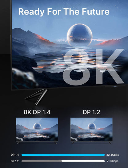 Displayport Cable 1.4 10Ft, 8K DP Cable | 8K@60Hz, 4K@144Hz, 2K@240Hz 2K@165Hz | HBR3, 32.4Gbps, HDR10, Freesync, G-Sync for Gaming Monitor Graphics Card TV PC Laptop -Grey