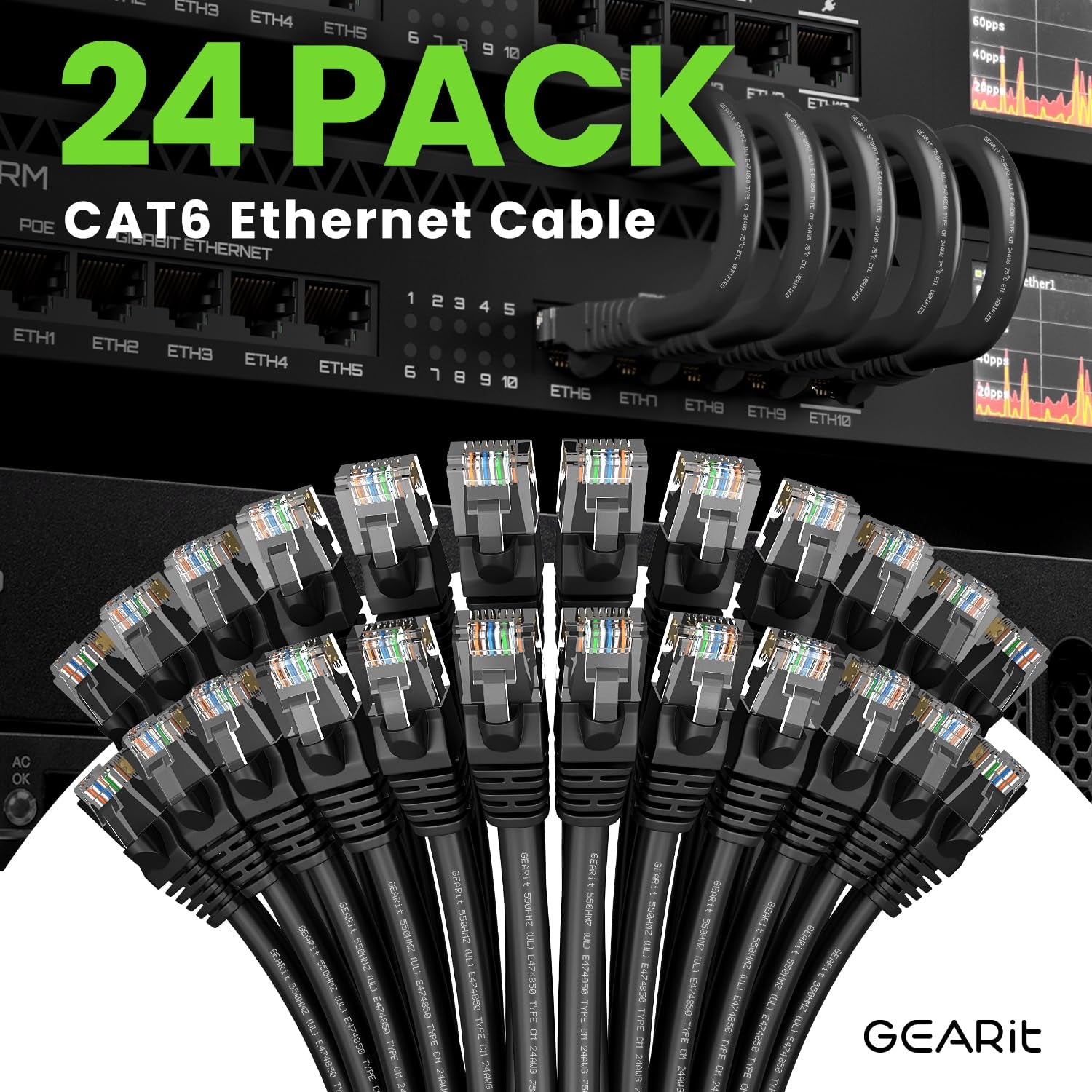 Cat 6 Ethernet Cable Pack - 24-Pack 7 Ft Cat6 Ethernet Patch Cables | RJ45 Network Patch Cable, 10 Gbps Snagless Gold-Plated Connectors - Ethernet Cable Cat 6 for PC, TV, Router - Black