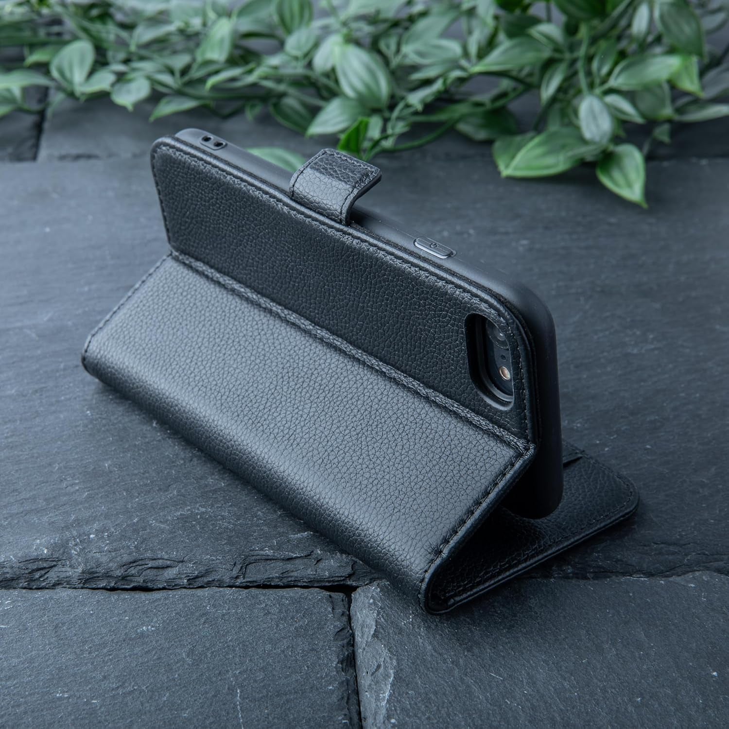 Genuine Leather Wallet Case for Iphone SE 2022/2020– Flip Cover with Card Slots & Stand (Dappled Black)