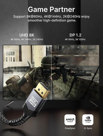 Displayport Cable 1.4 10Ft, 8K DP Cable | 8K@60Hz, 4K@144Hz, 2K@240Hz 2K@165Hz | HBR3, 32.4Gbps, HDR10, Freesync, G-Sync for Gaming Monitor Graphics Card TV PC Laptop -Grey