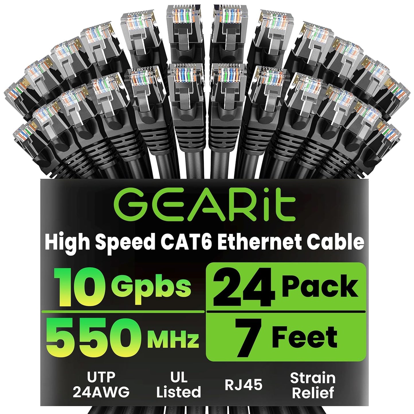 Cat 6 Ethernet Cable Pack - 24-Pack 7 Ft Cat6 Ethernet Patch Cables | RJ45 Network Patch Cable, 10 Gbps Snagless Gold-Plated Connectors - Ethernet Cable Cat 6 for PC, TV, Router - Black