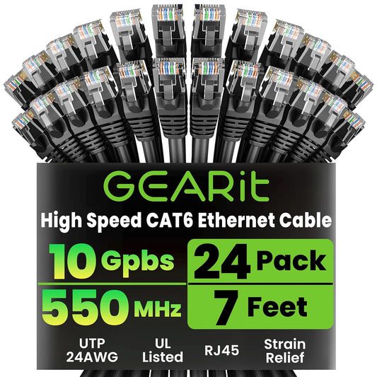 Cat 6 Ethernet Cable Pack - 24-Pack 7 Ft Cat6 Ethernet Patch Cables | RJ45 Network Patch Cable, 10 Gbps Snagless Gold-Plated Connectors - Ethernet Cable Cat 6 for PC, TV, Router - Black