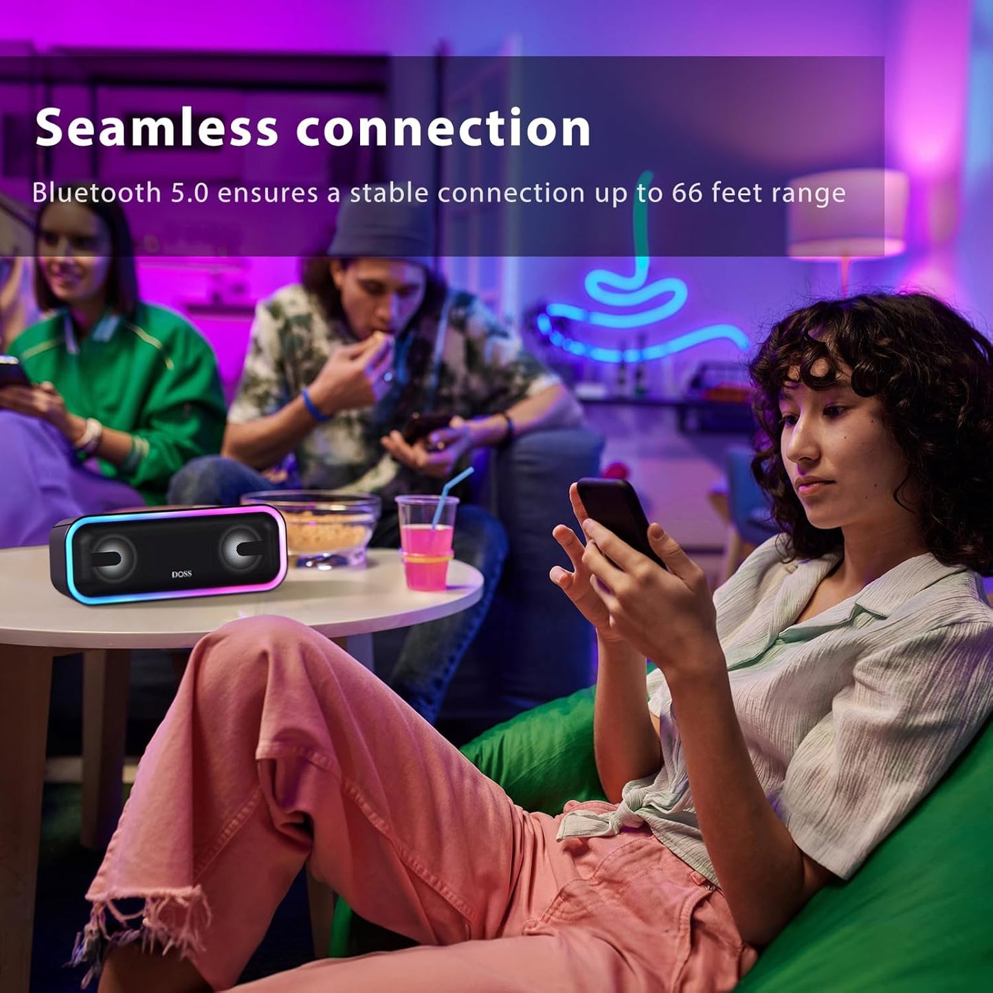 Soundbox Pro+ Bluetooth Speaker, Immersive 24W Stereo Sound with Booming Bass, IPX6 Waterproof, 15H Playtime, Mixed Colors Lights, Christmas and White Elephant Gift for Adults, Men, Women-Black