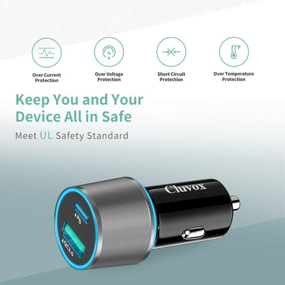 38W USB C Car Charger Adapter, 20W Fast USB-C & 18W Rapid QC3.0 Ports, 12V Cigarette Lighter Adapter for Iphone 17/16 /15, Google Pixel, Samsung, Android Phones Auto Accessories for Men - Gray